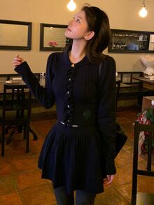DAZY Women's Solid Color Lapel Collar Elegant Knit Sweater 2 Pieces Set - Navy Blue - View 11