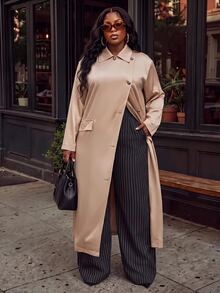 Slaydiva Elegant Commute & Date Champagne Satin Lapel Loose Long Shirt Plus Size Fall - Apricot - View 6