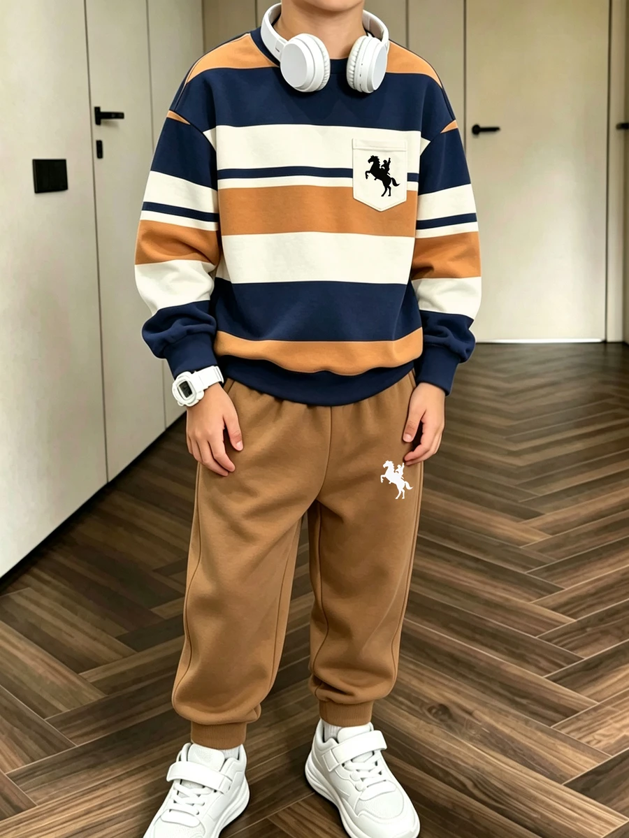 Teen Boys Buddy Series 2-Piece Set, Fashionable Crew Neck Sweatshirt & Sweatpants Outfit, Printed Stripes & Horse Riding Design, Suitable For Holiday Gatherings, Comfortable For Spring, Summer, Autumn Wear - Multicolor - View 1