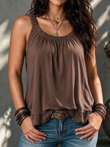 Ceyna Plus Size Solid Color Fold Pleated Camisole Top - Coffee Brown - View 1