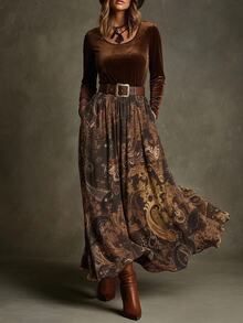 Freevana 2 In 1 Velvet Maxi Dress With Paisley Skirt, Boho Layered High-Waist Long Sleeve For Autumn - Brown - View 1