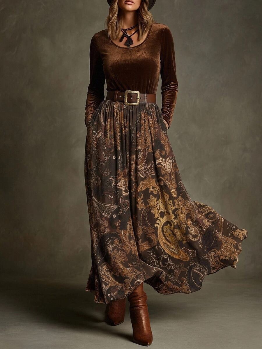 Freevana 2 In 1 Velvet Maxi Dress With Paisley Skirt, Boho Layered High-Waist Long Sleeve For Autumn - Brown - View 1
