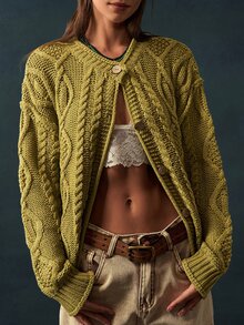 Bohemela Women's Dropped Shoulder Long Sleeve Cable Knit Single-Breasted Cardigan - Green - View 1