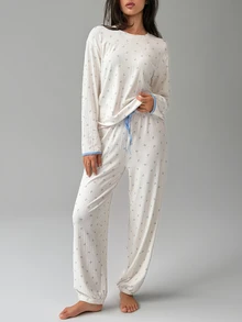DAZY Women's Ditsy Floral Long Sleeve Top And Drawstring Waist Long Pants Pajama Set - White - View 1