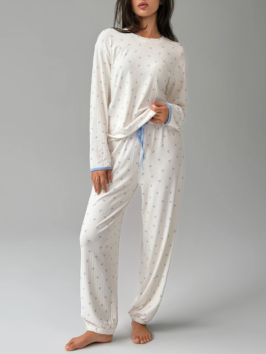 DAZY Women's Ditsy Floral Long Sleeve Top And Drawstring Waist Long Pants Pajama Set - White - View 1