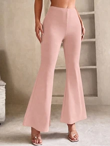 SHEIN PETITE 純色喇叭褲腿春季黑色長褲 - 粉色 - 查看 1