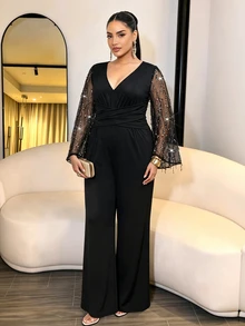 Cravure Plus Size Chic Cocktail Jumpsuit, Mesh Bell Long Sleeve Wrap Waist Sparkly Wide Leg Jumpsuit - Black - View 4