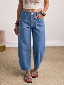 EMERY ROSE Quần jean denim nữ size lớn mặc thường ngày phong cách casual có túi và cúc - Màu xanh lam - Xem 4