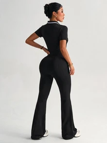 Dewbera Dewbera Women's Patchwork Striped Zipper Half-Placket Short Sleeve Sport Flare Leg Jumpsuit - Black - View 2