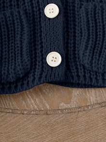 SHEIN 1pc Baby Girls' V-Neck Sweater,Light Beige,Autumn,Cute,Family Matching Knit Cardigan Jacket With Symmetrical Pockets,Ruffle Hem,Ribbed Cuffs,Soft Knit - Navy Blue - View 4