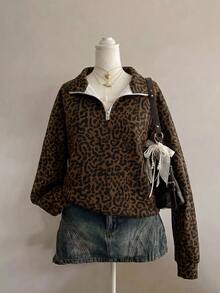 Attitoon 女款寬鬆半拉鍊小立領運動衫，豹紋棕色圖案休閒極簡運動街頭風百搭派對聚會機場穿搭Y2K上衣，女款秋季服飾，秋季穿搭，女款通勤穿搭，百搭上衣，外出穿搭，機場穿搭 - 彩色 - 查看 2
