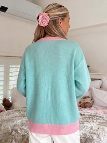 CovetEZ Betty Boop x SHEIN Women's Ribbed Contrast Color Embroidered Sweet Long Sleeve Sweater For School And Vacation - Multicolor - View 2