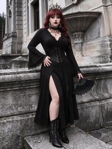 Whyspr Plus Size Dark Style Side Slit Long Dress - Black - View 1