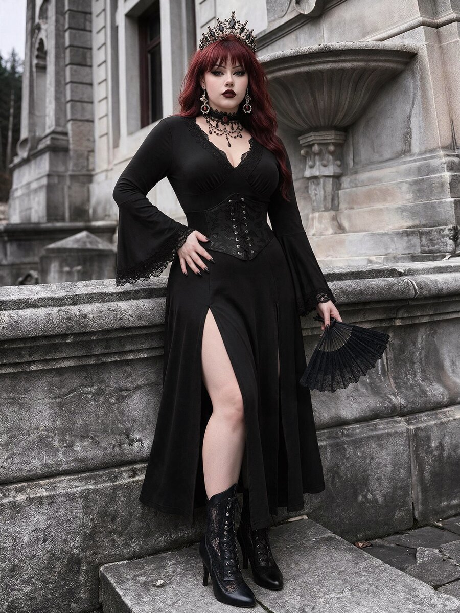 Whyspr Plus Size Dark Style Side Slit Long Dress - Black - View 1