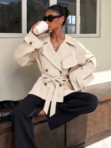 Muchica Apricot Woven Women's Double-Breasted Long Sleeve Regular Jacket - Apricot - View 3