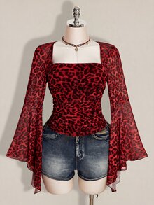 SHEIN ICON 女款大尺碼復古性感千禧風 Y2K 都市現代前衛方領喇叭袖荷葉邊長袖棕色豹紋網紗上衣 秋季 - 酒紅色 - 查看 3