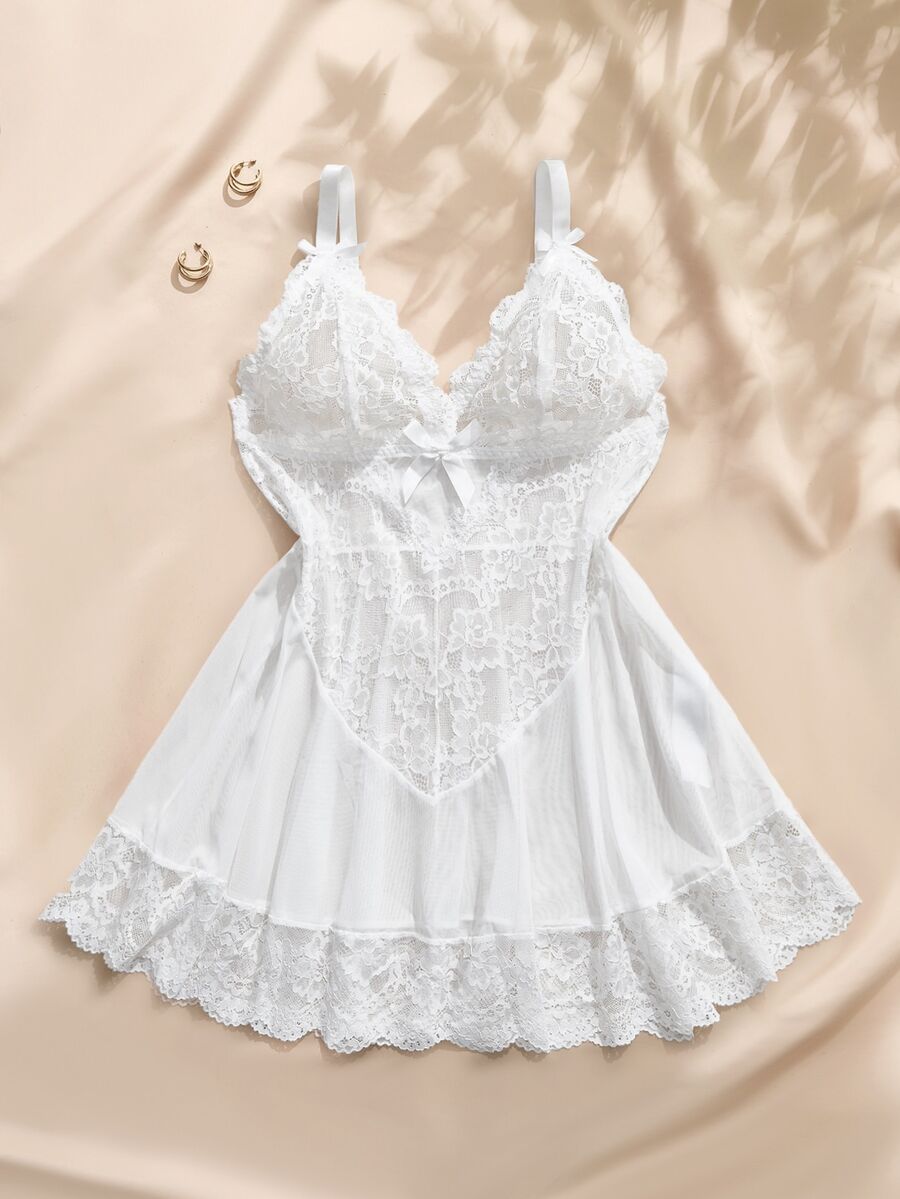 SHEIN Plus Size Sexy Lingerie (Lace Patchwork Dress) - White - View 1