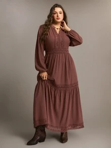 Freevana Gaun Panjang Vintage Wanita Ukuran Besar, Musim Gugur/Dingin - Coffee Brown - View 5