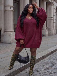 Slaydiva Plus Size Autumn/Winter Casual Solid Color Knit Dress - Purple - View 4
