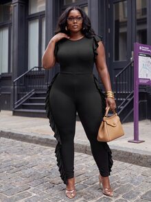Slaydiva Plus Size Textured Zip Front Jumpsuit, Slim Fit Long Pants With Ruffle Back Detail, Curvy Night Out Outfit - Black - View 2