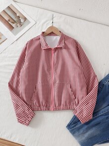SHEIN 青少年女孩長袖抓絨秋季服飾，休閒日常高級感校園通勤 Ins 風格百搭 PU 皮革翻領寬鬆夾克外套 - 紅色 - 查看 3