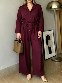 Elenzga Plus Size Chic Commuter Jumpsuit, Lapel Collar Button Down Drawstring Waist Loose Wide Leg Jumpsuit - Burgundy - View 5