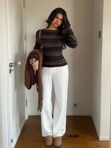 Aloruh Sweater Wanita Gaya Vintage Liburan dengan Blok Warna dan Desain Pinggang yang Pas, Gaya Streetwear - Coffee Brown - View 6