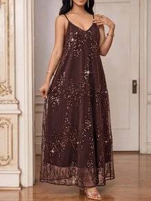 Fleurora Women's Luxury Delicate Sequin Spaghetti Strap Dress - Brown - View 3