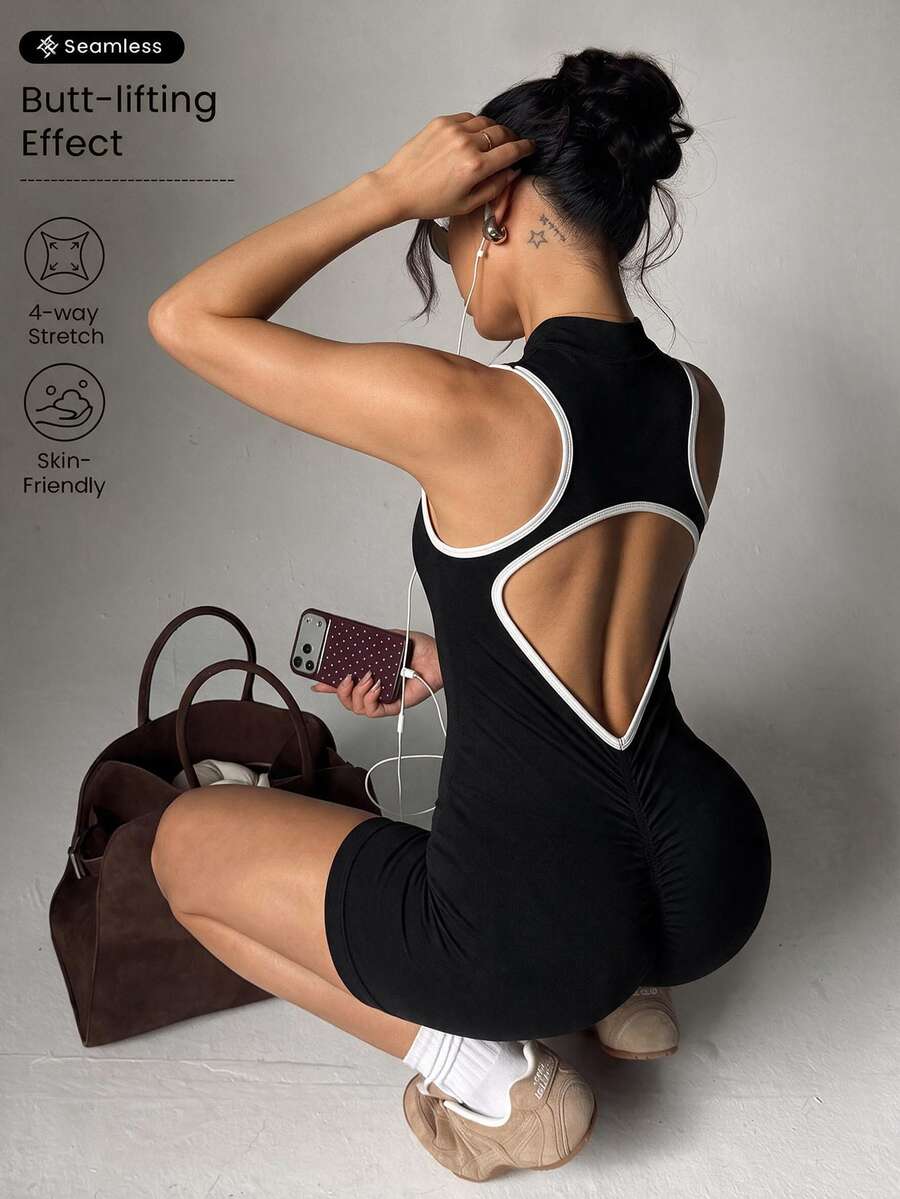 Slayform Slayform Women's Colorblock Backless Casual Daily Wear Sports Jumpsuit - Black - View 1