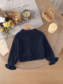 SHEIN 1pc Baby Girls' V-Neck Sweater,Light Beige,Autumn,Cute,Family Matching Knit Cardigan Jacket With Symmetrical Pockets,Ruffle Hem,Ribbed Cuffs,Soft Knit - Navy Blue - View 2