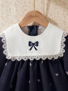 Souflis Souflis 幼童女款公主洋裝，甜美可愛海軍藍蕾絲領結蝴蝶結刺繡長袖圓領常規版，生日派對春秋假期時尚穿搭 - 彩色 - 查看 3