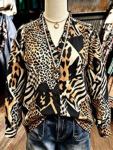 Linhara Plus Size Women's Autumn/Winter Asymmetrical Leopard Print Ruffle V-Neck Casual Long Sleeve Blouse - Khaki - View 3