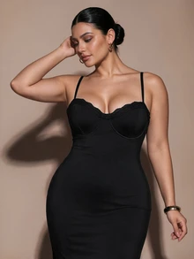 SHEIN BAE CURVE Plus Size Women Lace Patchwork Mid-Length Anti-Chafing Dress - Black - View 7