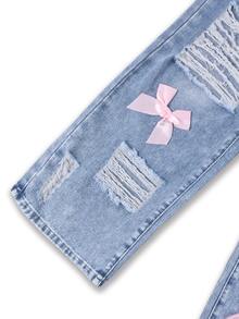 SHEIN Girls Y2K Sweet & Cool Style Washed Light Blue High Waist Elastic Straight Leg Wide Leg Jeans With Large Distressed Ripped Design, Pink Bow Decor, Versatile Streetwear Fashion Denim Pants - Medium Wash - View 6