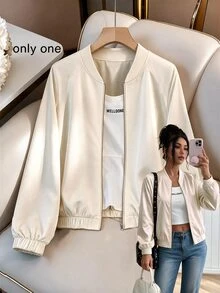 Elenzga Plus Size Women's Casual Minimalist Light Coffee Solid Color Lightweight Short Baseball Jacket, Suitable For Spring And Autumn, Daily Outdoor Wear - Multicolor - View 4
