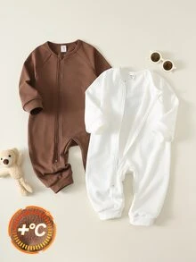 SHEIN 2件裝新生兒男嬰女嬰秋冬純色針織柔軟圓領長袖連身褲，百搭舒適 - 彩色 - 查看 3