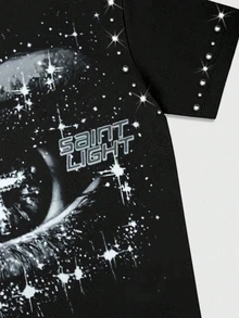 ROMWE MEN Street Life 2026 Spring/Summer New Pattern Rhinestone Plus Size Men's T-Shirt Casual Fashion Short Sleeve Crew Neck Top - Black - View 5