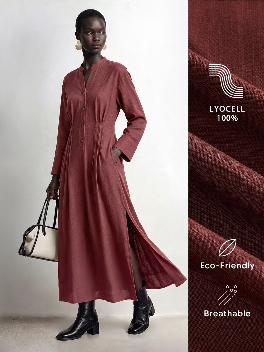 Aalyst Women's Front Design Accordion Pleated Linen Dress - Brown - View 1