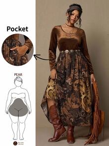 Freevana 2 In 1 Velvet Maxi Dress With Paisley Skirt, Boho Layered High-Waist Long Sleeve For Autumn - Brown - View 3