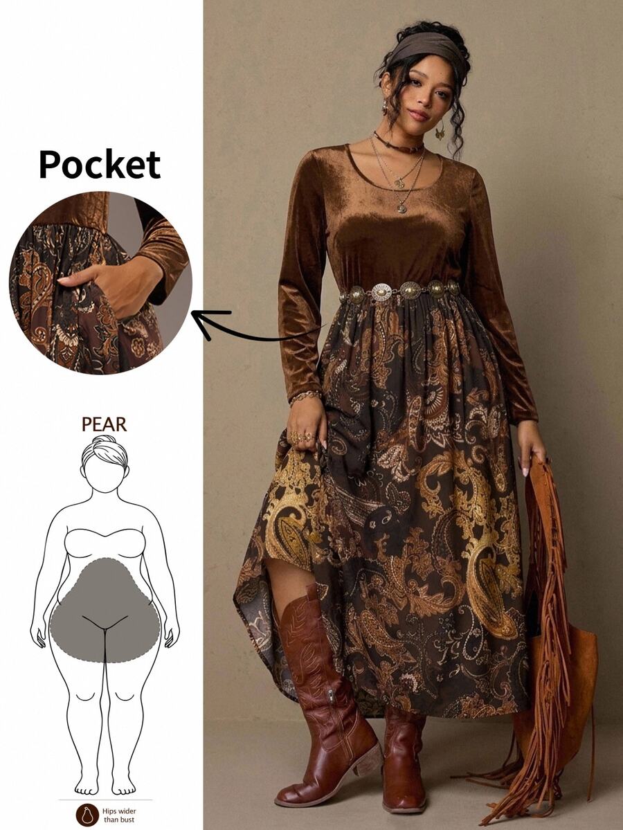 Freevana 2 In 1 Velvet Maxi Dress With Paisley Skirt, Boho Layered High-Waist Long Sleeve For Autumn - Brown - View 1
