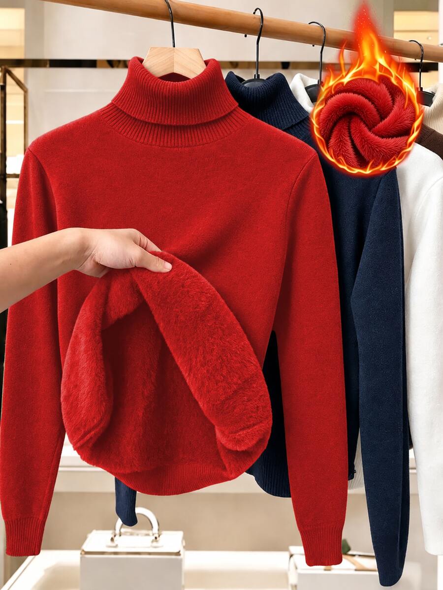 Linhara Plus Size Solid Color Turtleneck Fleece Sweater, Winter Knit Pullover Fall - Red - View 1