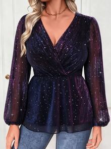Cravure Plus Size Women's Autumn/Winter Shiny Fabric Cinched Waist A-Line Elegant Party Blouse - Multicolor - View 1
