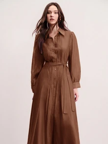 Aveloria Modichic Commuter Design, Belt Waist Decoration, Fashionable Elegant Pleated Quilted Versatile Slimming Long Dress - Brown - View 4
