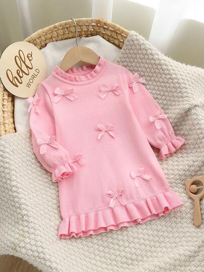 SHEIN Baby Girls Sweater Dress, Bow Lace Trim Round Neck Long‑Sleeve Dress