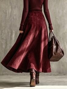 Glimmora Autumn/Winter Plus Size Women's Vintage Fashion Plus Size Flare Solid Color Pocket Skirt Fall - Burgundy - View 2