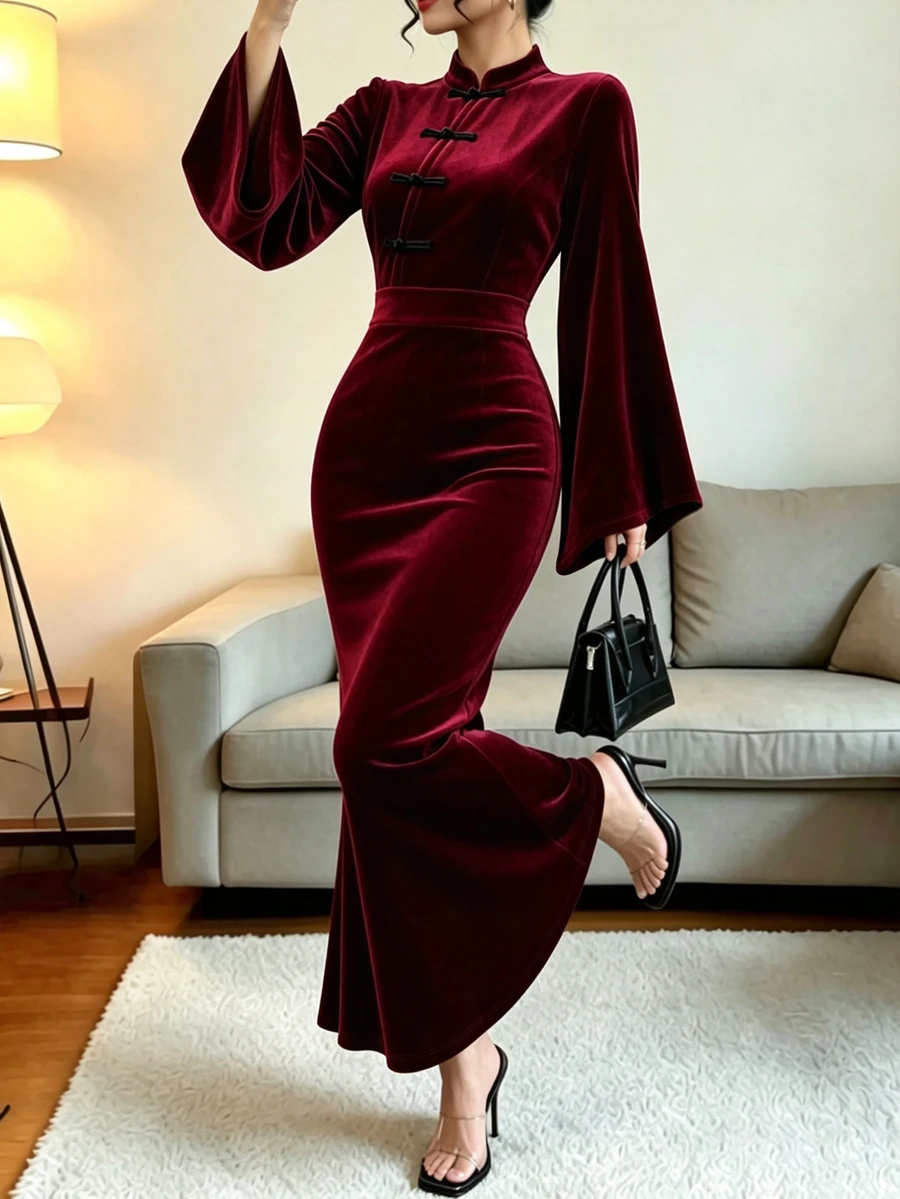 SHEIN Women's Autumn/Winter Solid Color Stand Collar Frog Button Long Sleeve Elegant Dress - Burgundy - View 1