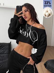 Coolane 女款秋冬街頭風電音節萬聖節運動休閒 33%棉印花短版大尺寸不對稱領黑色長袖衛衣 - 黑色 - 查看 3