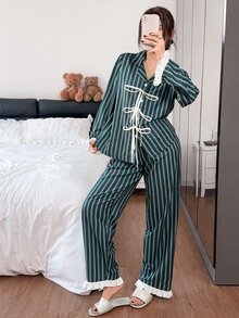 Napfluff 女款休閒居家條紋印花翻領撞色荷葉邊蝴蝶結長袖長褲睡衣套裝 - 墨綠色 - 查看 6