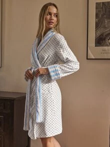 Aralina Women's Sleepwear Fall Winter Reversible Cute Soft Brushed Textured Stripe Fabric With Contrast Polk - Blue and White - View 4
