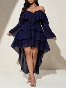 Viva Relle Plus Size Women's Solid Color Cold Shoulder Multi-Layer Ruffle Hem Fashion Sexy High-Low Dress Fall - Navy Blue - View 3